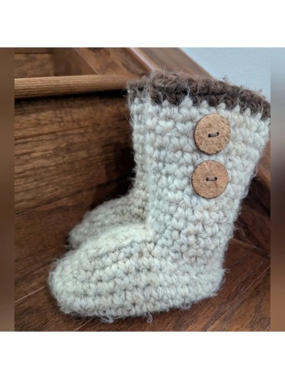Handmade Wool Suede & Shearling Cream & Brown Crochet Baby Boots Sz 1-2 Years